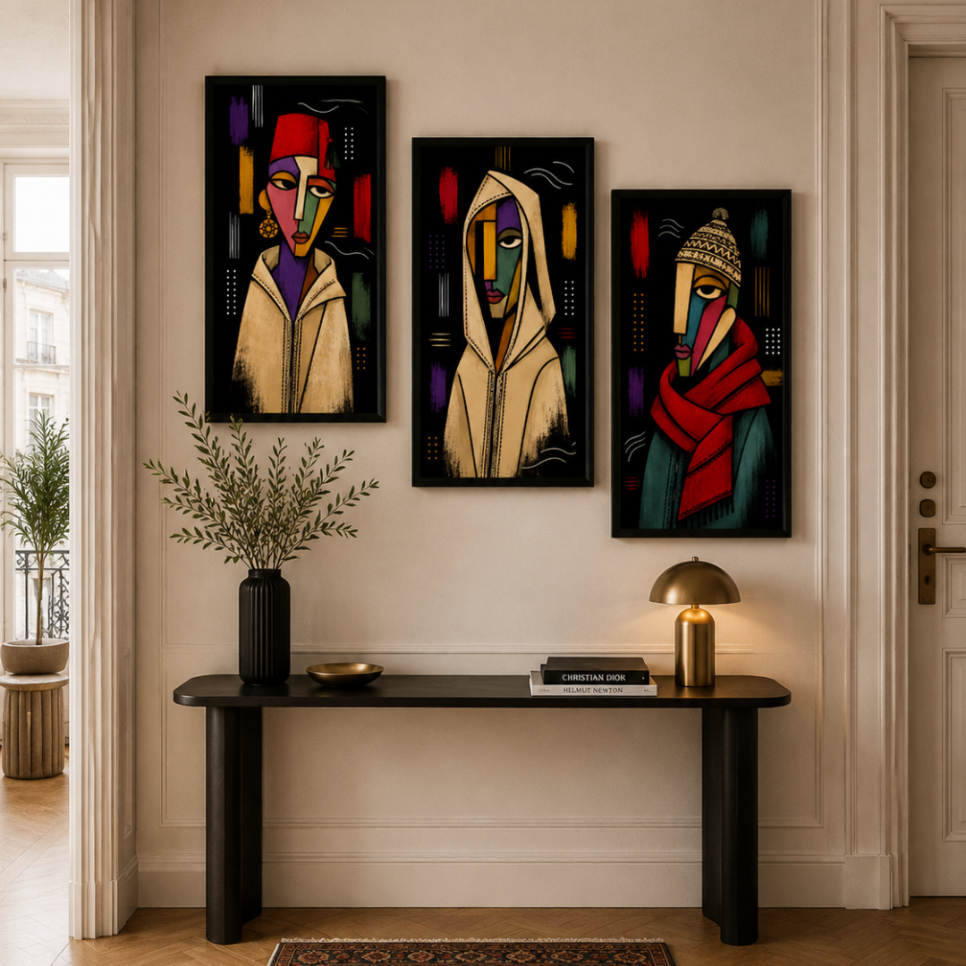 Triptyque picasa black marocain noir blanc graphique