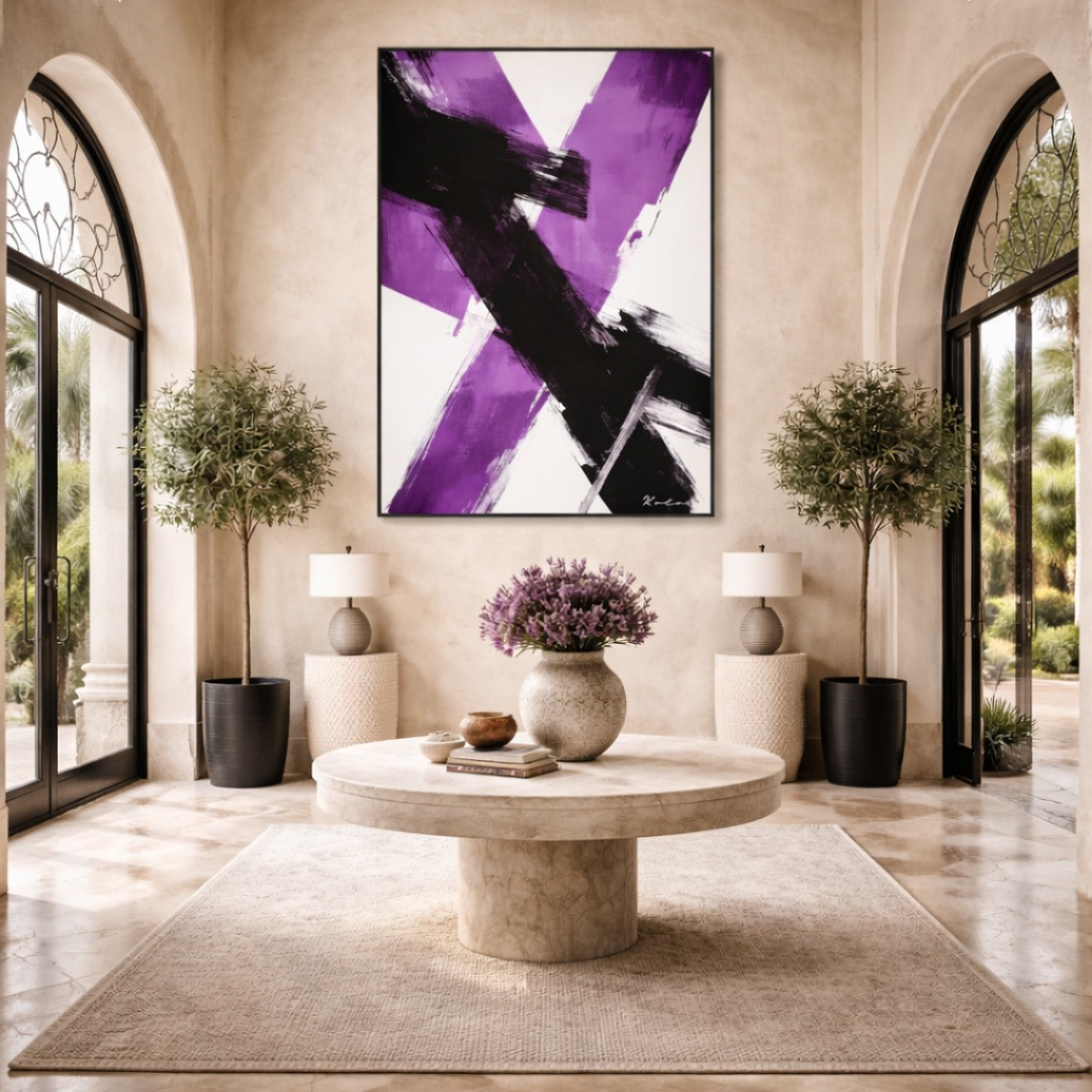 Tableau abstrait mauve noir contraste moderne