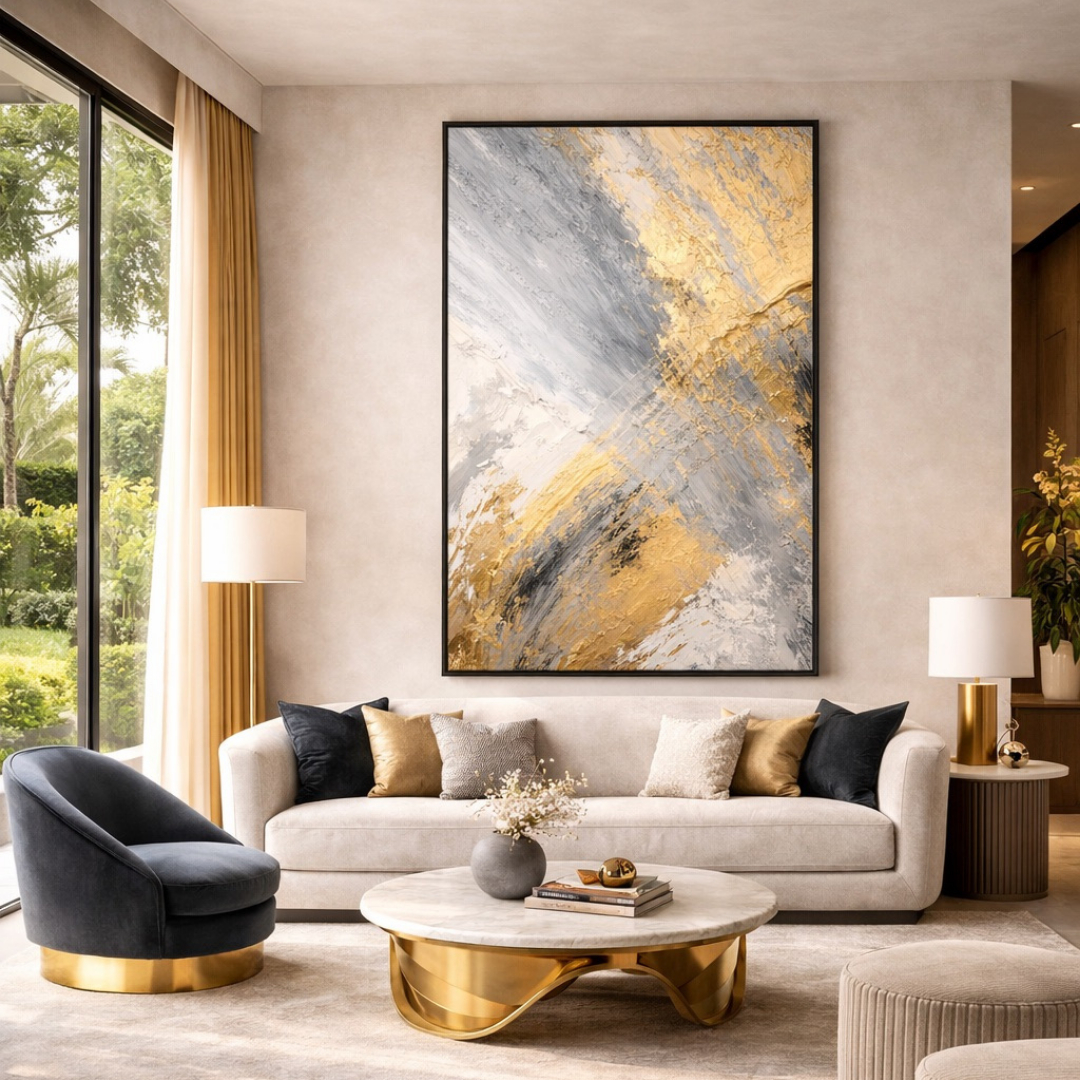Tableau golden horizon abstrait doré apaisé salon