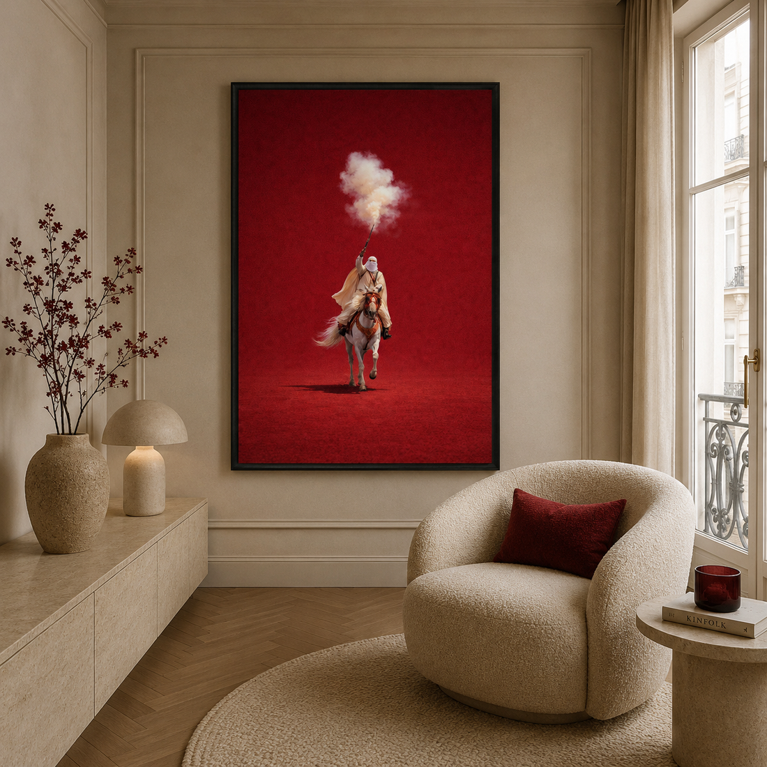 Tableau marocain inspiré de la Tbourida fantasia équestre en rouge