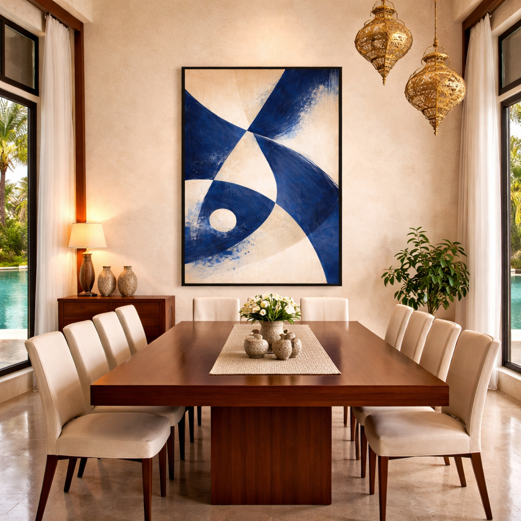 Tableau bleu géométrique abstrait détail
