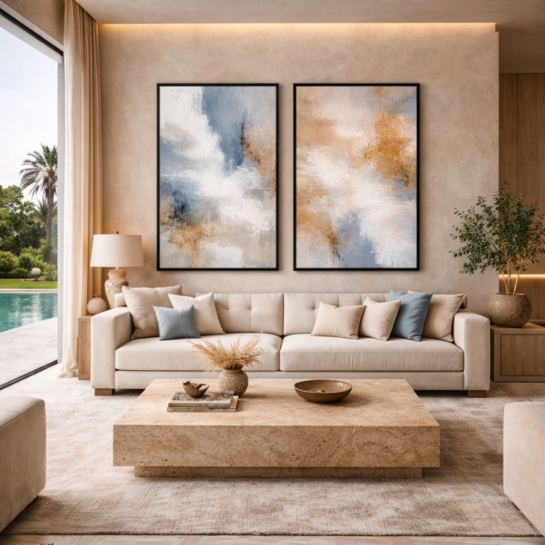 Duo tableaux abstrait bleu gold élégant raffiné