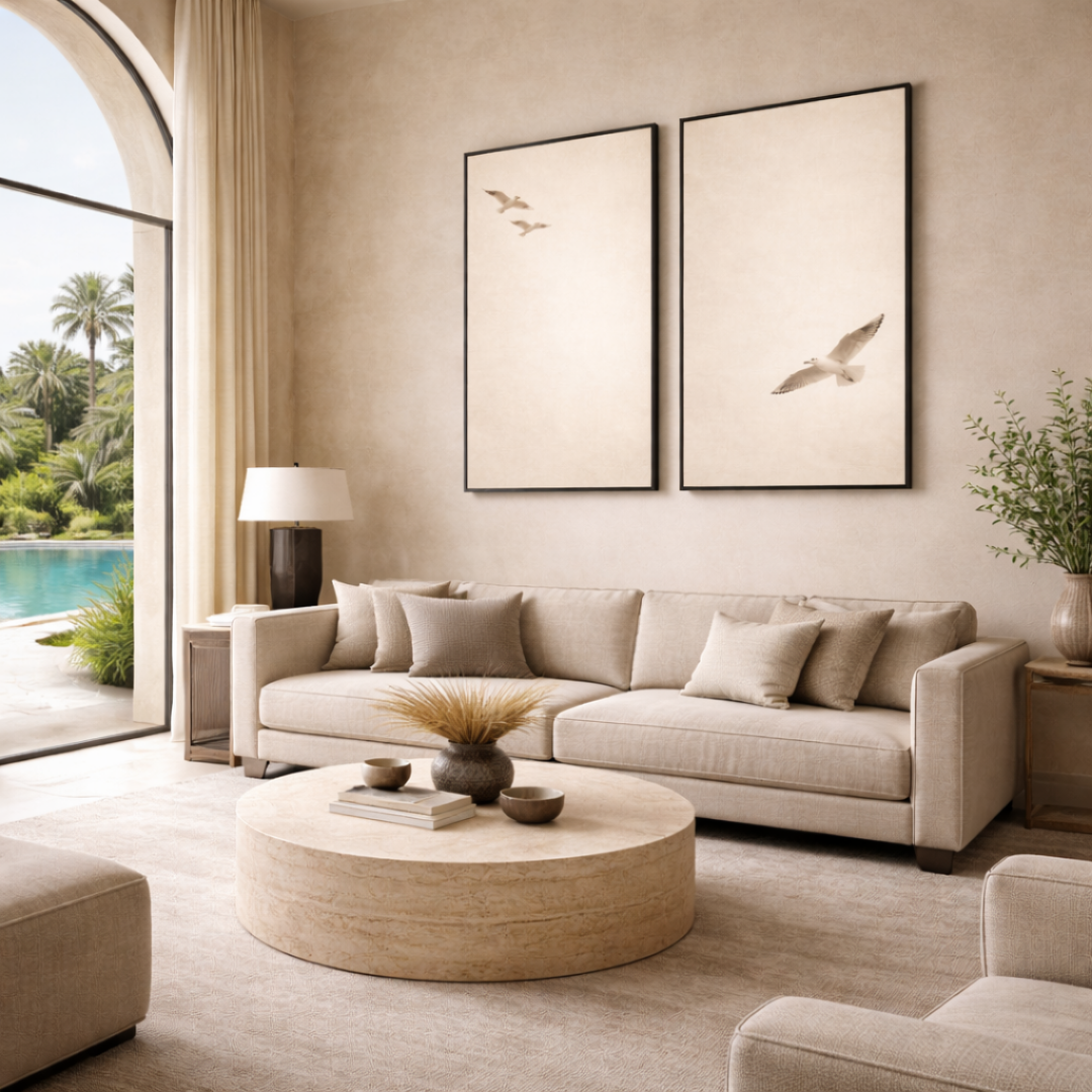 Duo Tableaux - Les oiseaux beige.