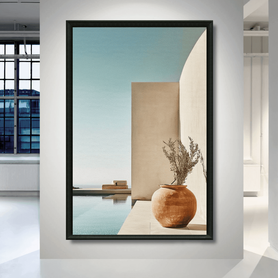 Tableau apaisement architectural pot terre cuite piscine Maroc