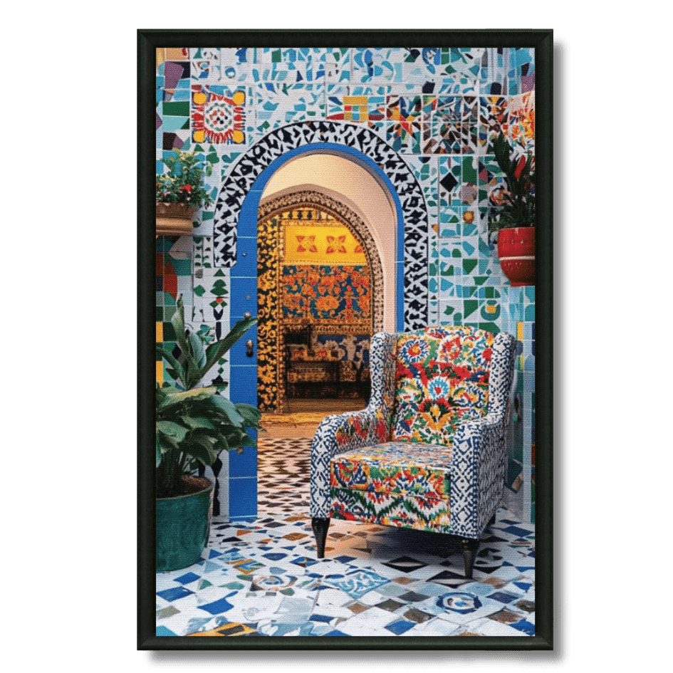 Tableau arc coloré mosaïque et fauteuil marocain