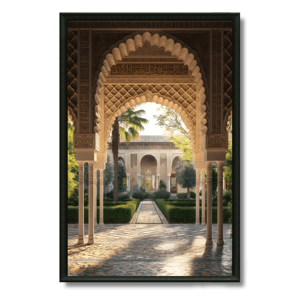 Tableau arcades andalouses jardin luxuriant marocain