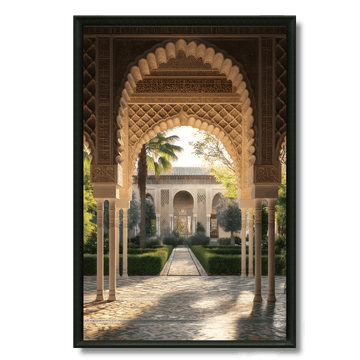 Tableau arcades andalouses jardin luxuriant marocain