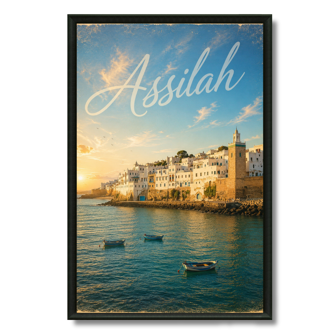 Tableau marocain Assilah, murs blancs et fresques artistiques