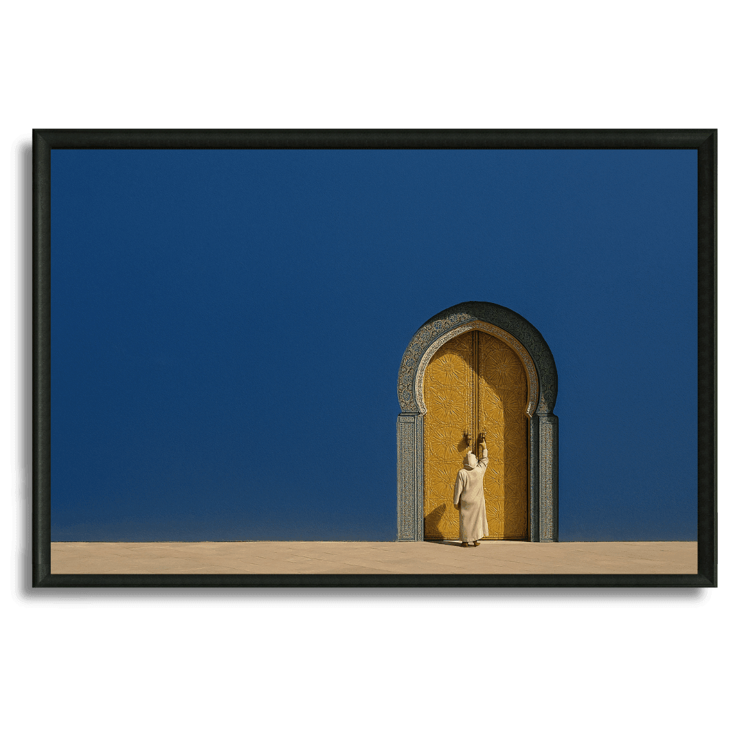 Tableau bleu majestueux porte dorée mur bleu marocain