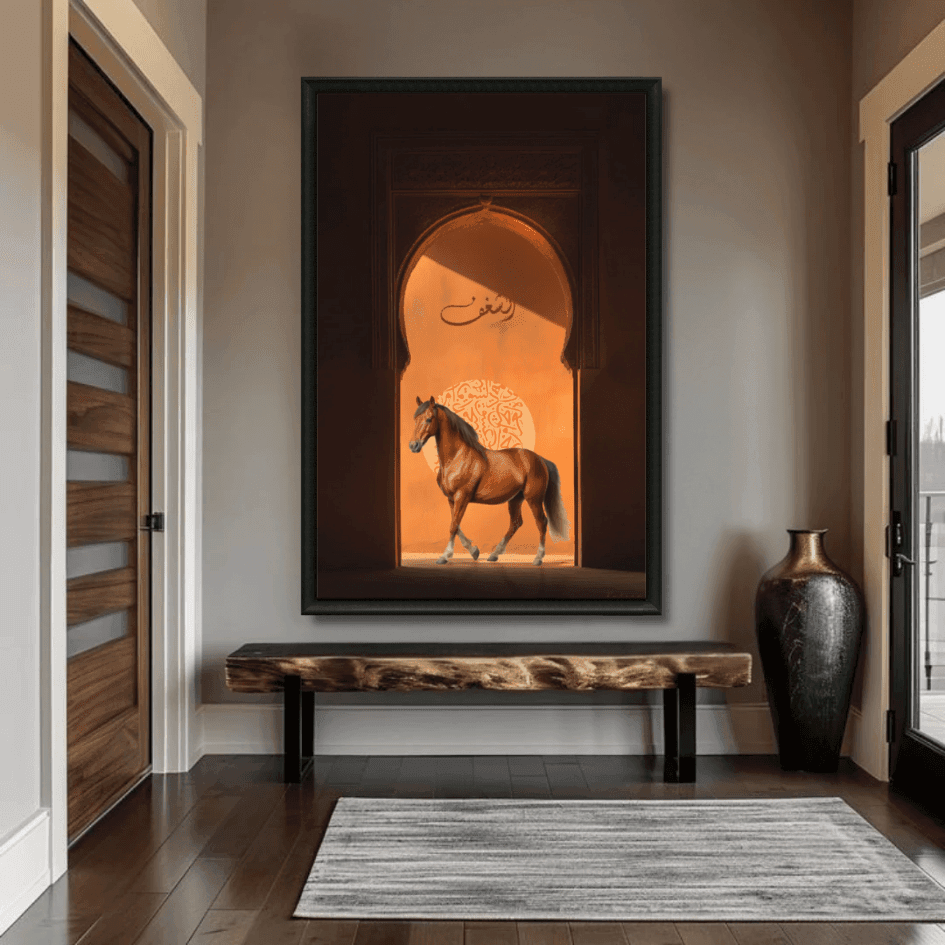 Tableau cheval brun arche marocaine détail