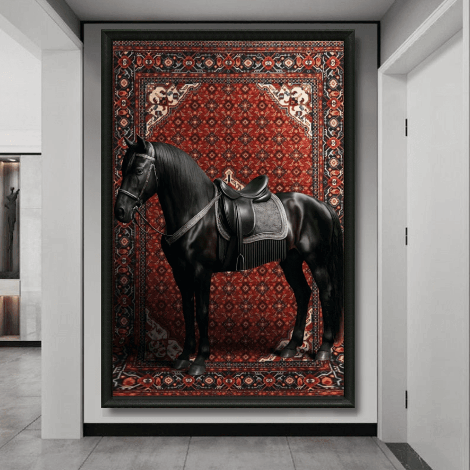 Tableau cheval noir tapis oriental rouge marocain