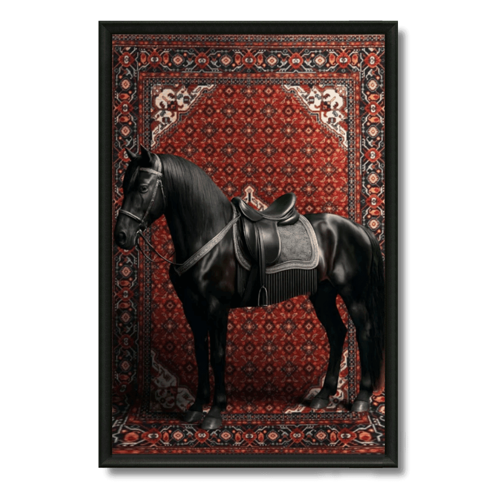 Tableau cheval noir tapis oriental rouge marocain