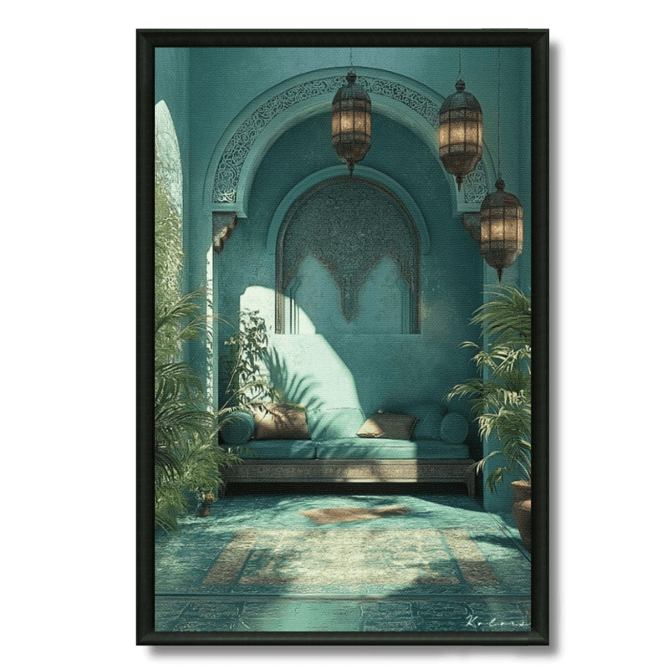 Tableau patio marocain turquoise piscine palmiers