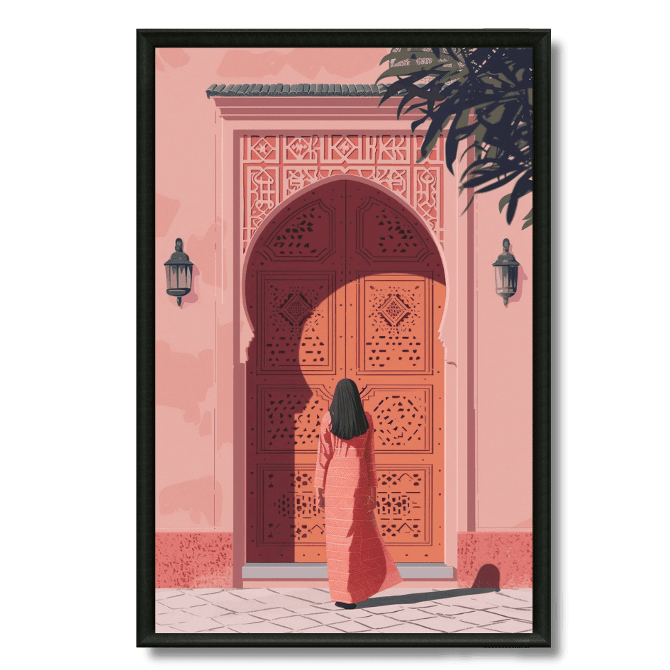 Tableau devant porte riad femme Marrakech élégance