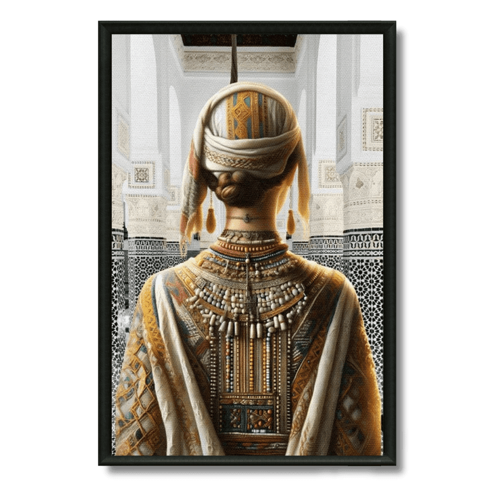 Tableau femme amazigh au riad vue de dos bijoux marocains