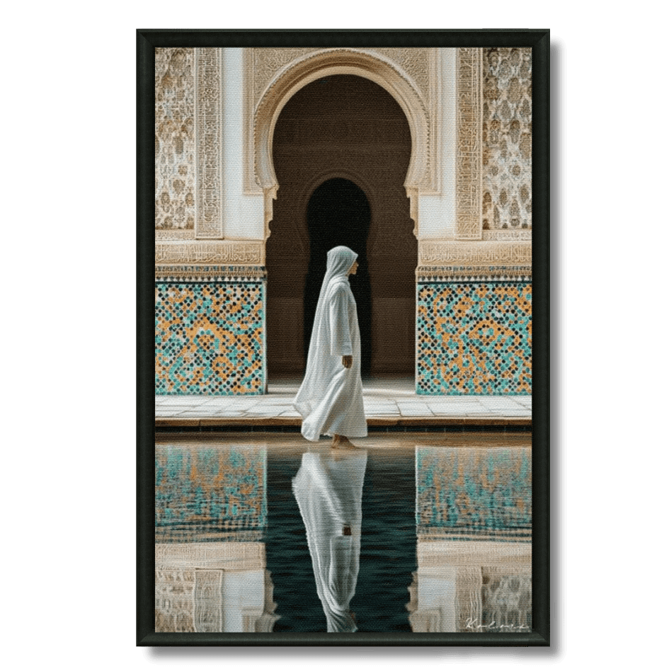 Tableau femme voilée riad marocain zellij architecture