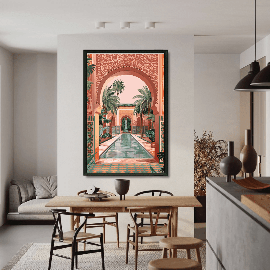 Tableau jardin riad rouge marocain détail