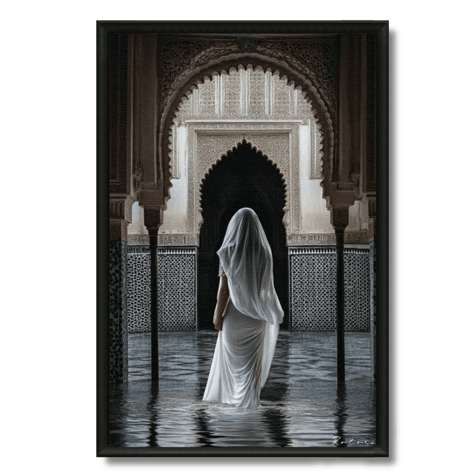 Tableau femme voilée patio marocain zellij arches lumière