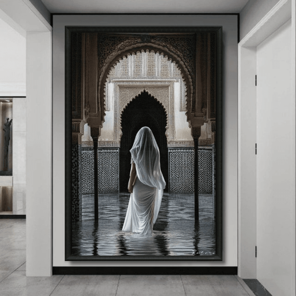Tableau femme voilée patio marocain zellij arches lumière
