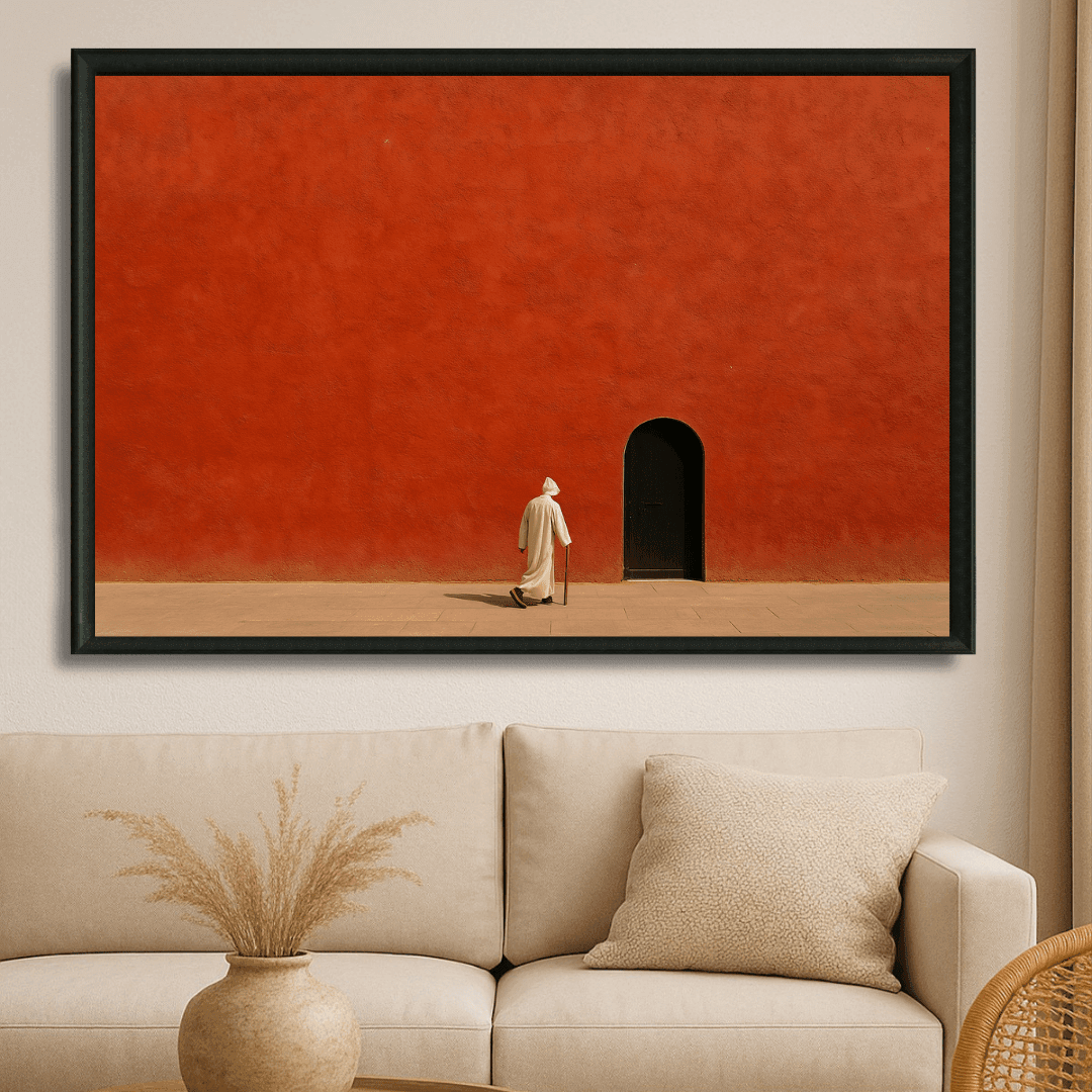 Tableau marche vers le passé mur rouge porte noire marocain