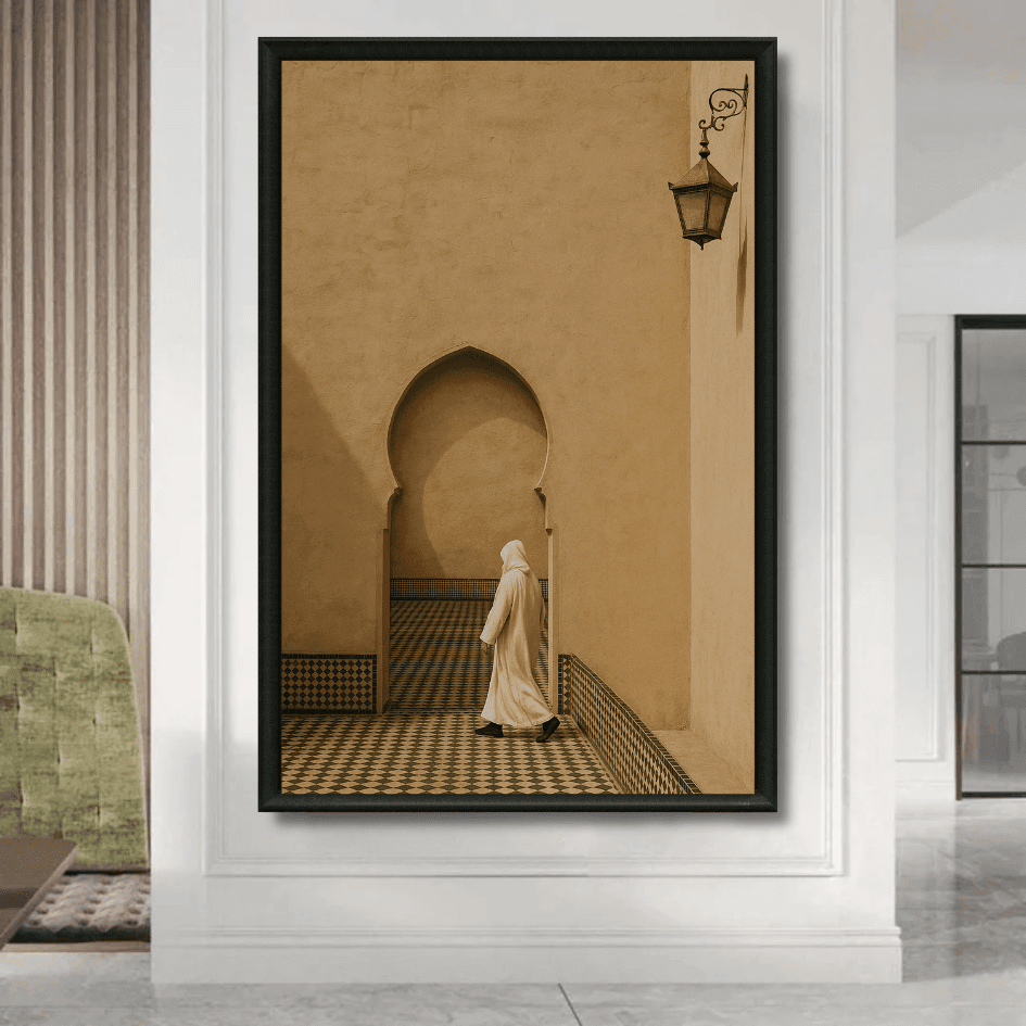 Tableau passage andalou zellige homme djellaba marocain