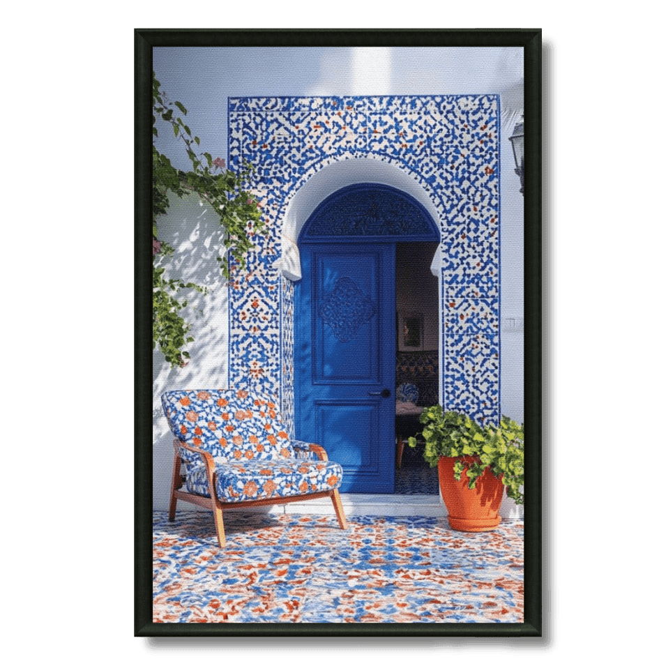 Tableau porte bleue et fauteuil zellige architecture marocaine