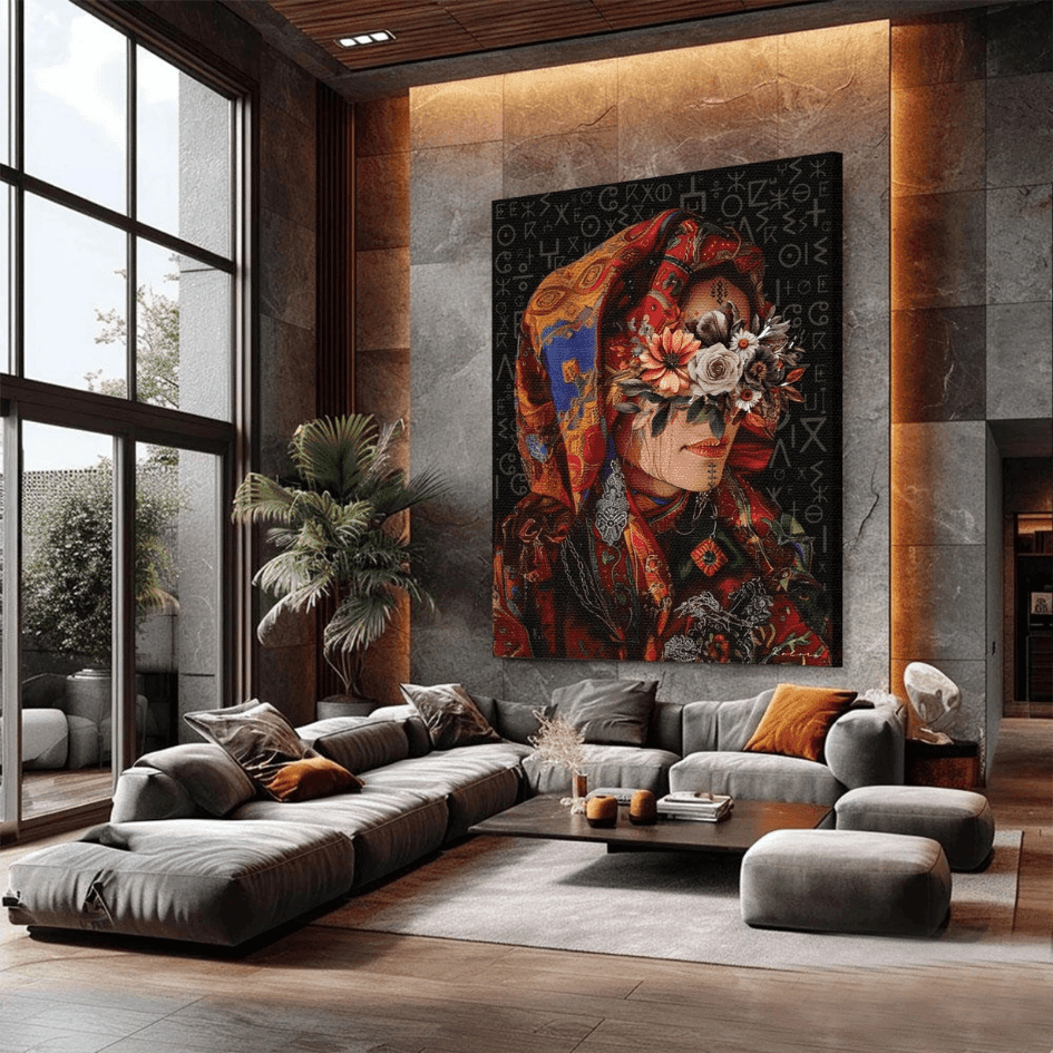 Tableau portrait femme fleurie marocaine détail