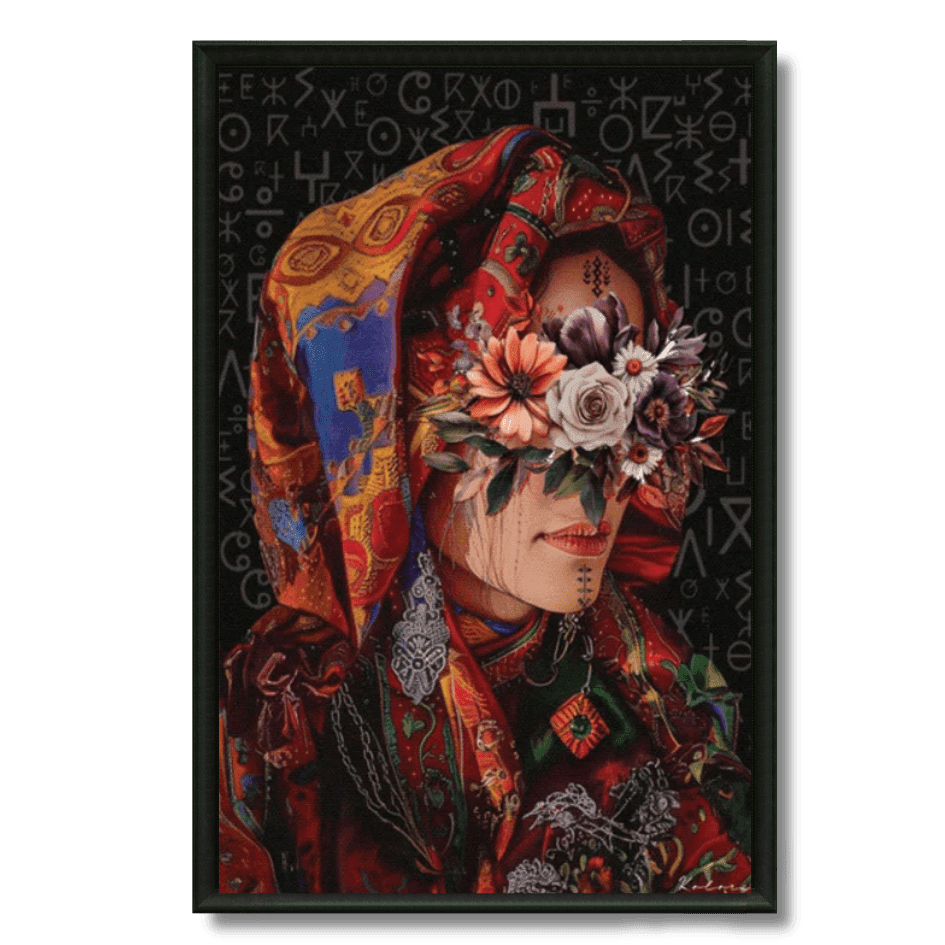 Tableau portrait femme fleurie marocaine motifs floraux