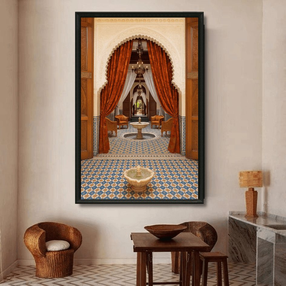 Tableau rideaux rouges zellige marocain détail