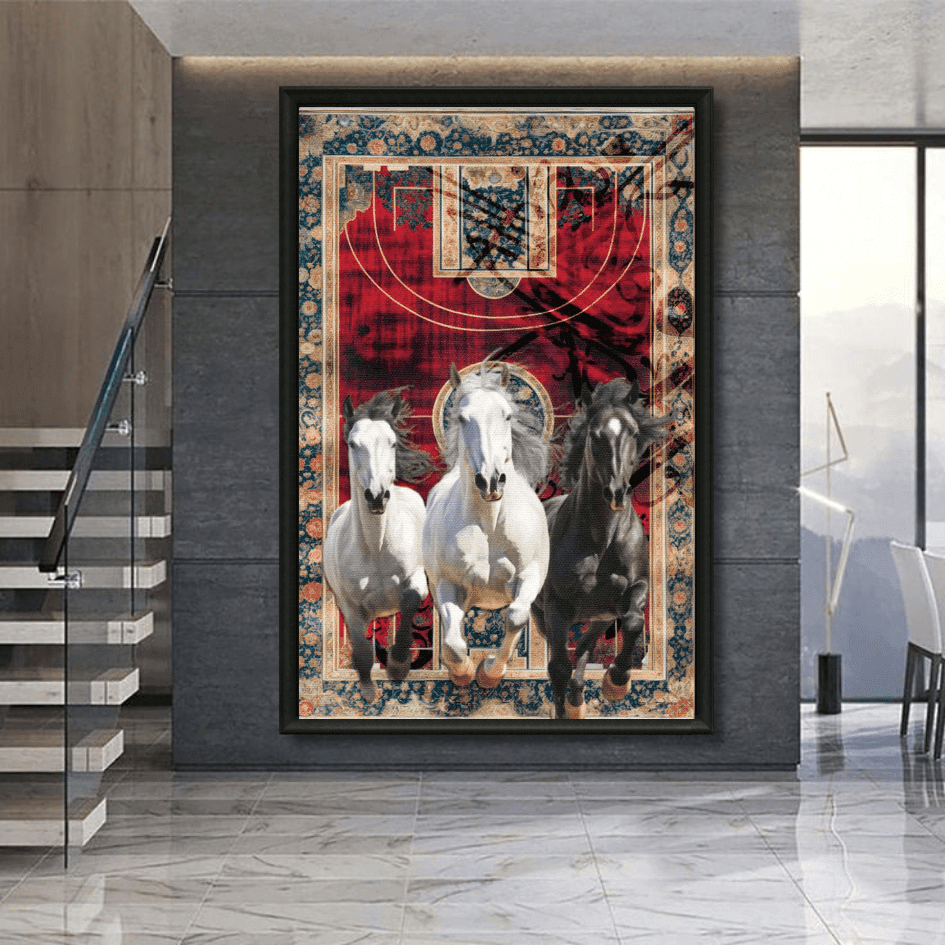 Tableau tapis marocain trois chevaux arabes galopant
